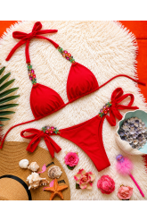 Costum de Baie Roșu în Două Piese cu Pietre Decorative Premium – Lux, Strălucire și Seducție, OFERTA !!