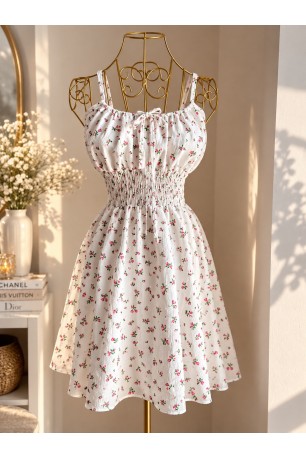 Rochie de vară albă cu imprimeu floral, talie elastică și bust reglabil – Romantic Summer