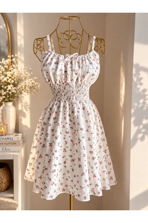Rochie de vară albă cu imprimeu floral, talie elastică și bust reglabil – Romantic Summer