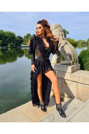 Body negru din plasă transparentă cu volane Mi collection