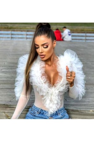 Body alb din plasă transparentă cu volane Mi collection