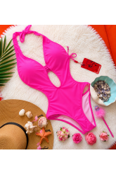 Costum de baie întreg fucsia neon cu decupaje și design sexy