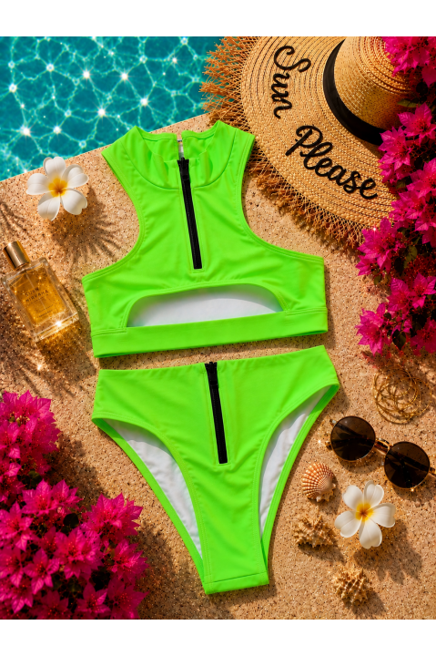 Bikini Neon Luxe Zip – Electric Green