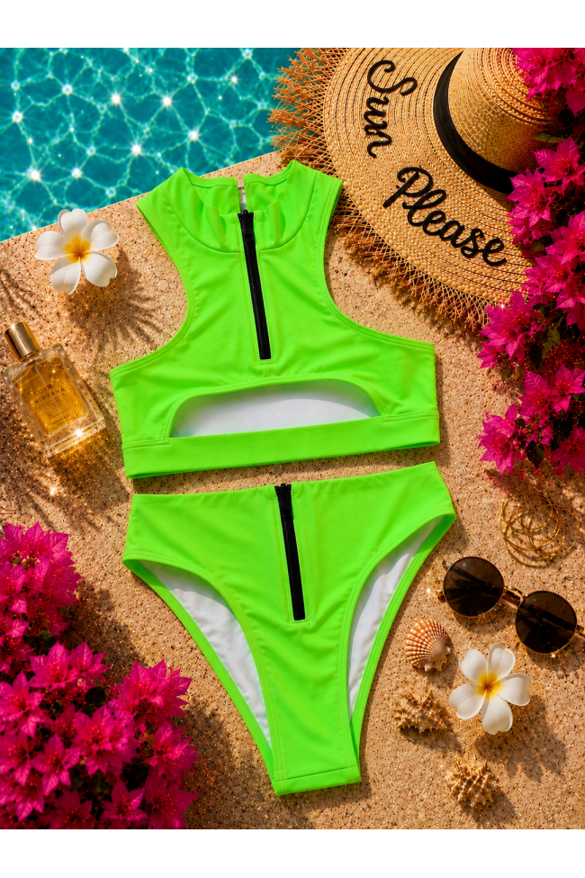 Bikini Neon Luxe Zip – Electric Green