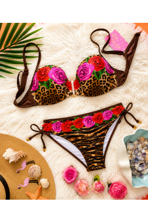 Costum de baie cu push-up și cristale model leopard cu imprimeu floral 3D 