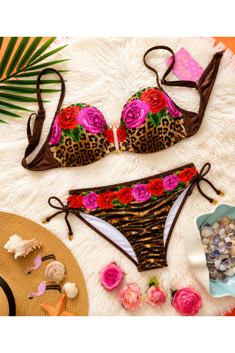 Costum de baie cu push-up și cristale model leopard cu imprimeu floral 3D 