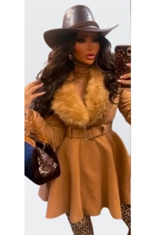 Palton caramel cu blana artificiala