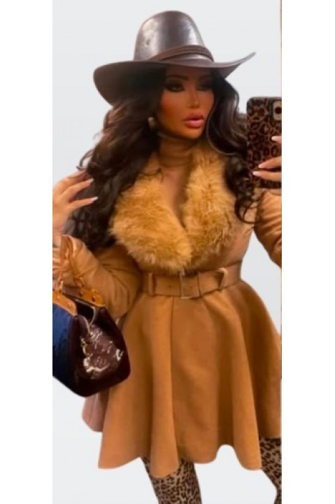 Palton caramel cu blana artificiala