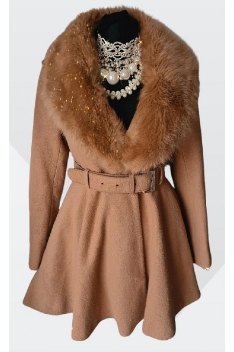 Palton caramel cu blana artificiala