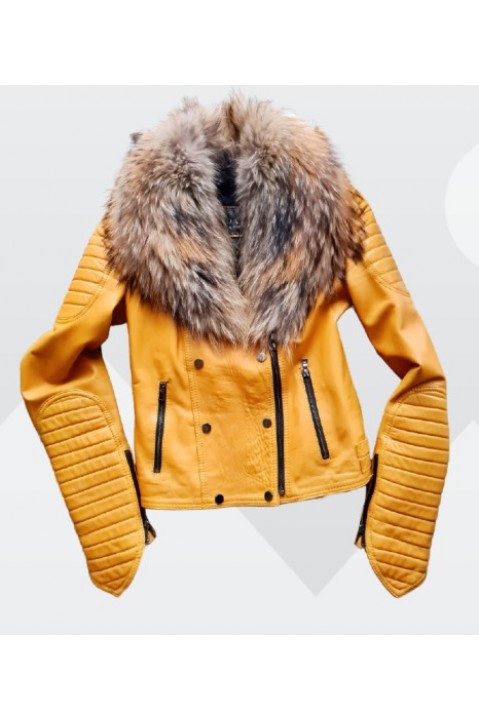 Geaca din piele cu guler de blana 100% naturala
