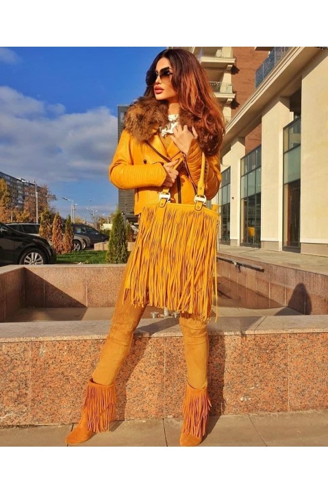 Geaca din piele cu guler de blana 100% naturala