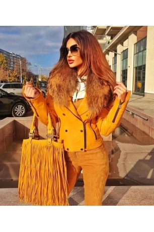 Geaca din piele cu guler de blana 100% naturala