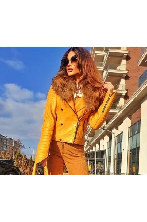 Geaca din piele cu guler de blana 100% naturala