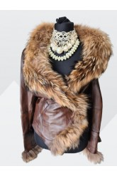 Geaca din piele maro cu guler de blana 100% naturala